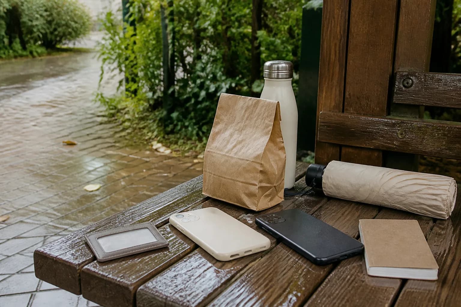 雨上がりのベンチに置かれた、ふたり分のスマートフォンとお出かけ道具