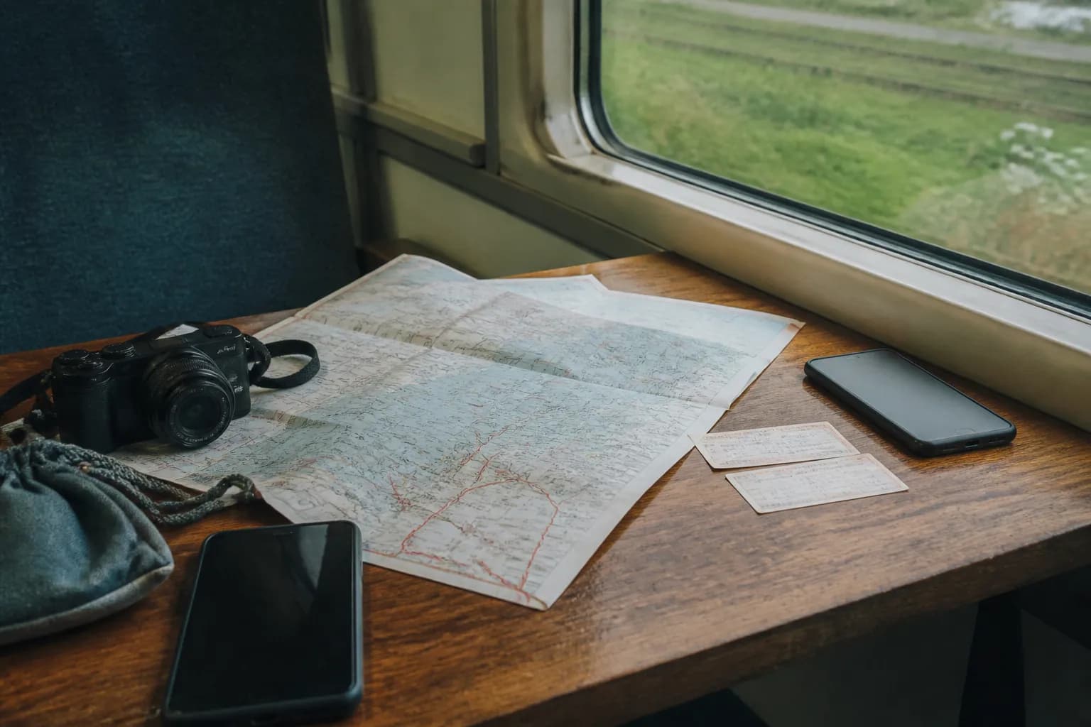 列車の窓辺に広げられた地図と、ふたり分のスマートフォン